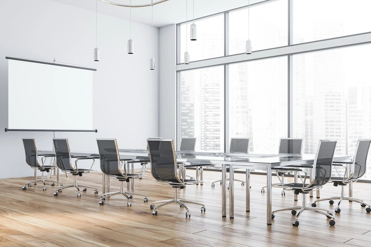 Modern conference room with city views